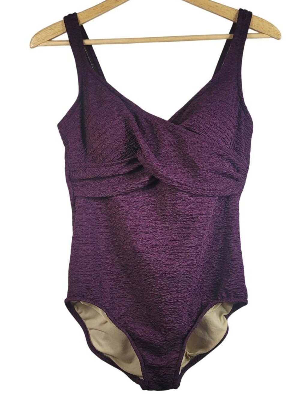 A&H Sportswear One Piece Crinkle Swimsuit Purple 14W Built In Bra Criss Cross